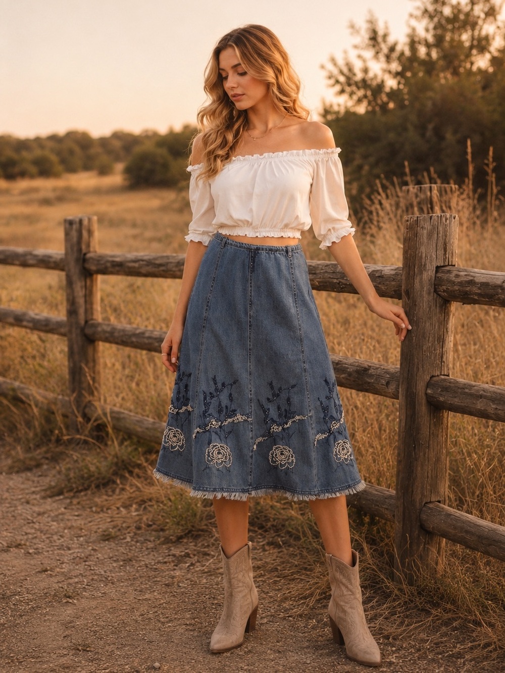 Vintage Y2K Beaded Embroidered Denim Midi Skirt Raw Hem country Glam Sz 10